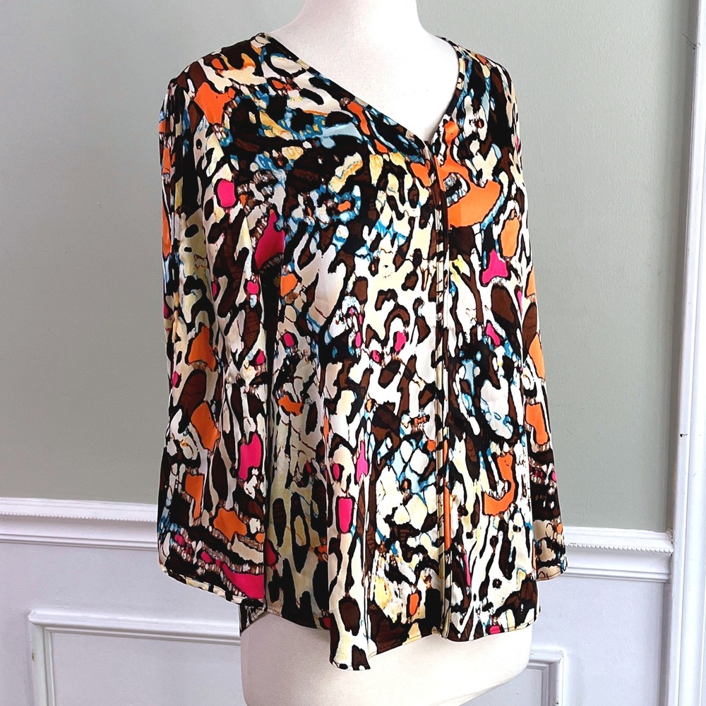 Chico's Abstract Animal Print Blouse 1 Womens V-Neck 3/4 Sleeve Multi Art Wear